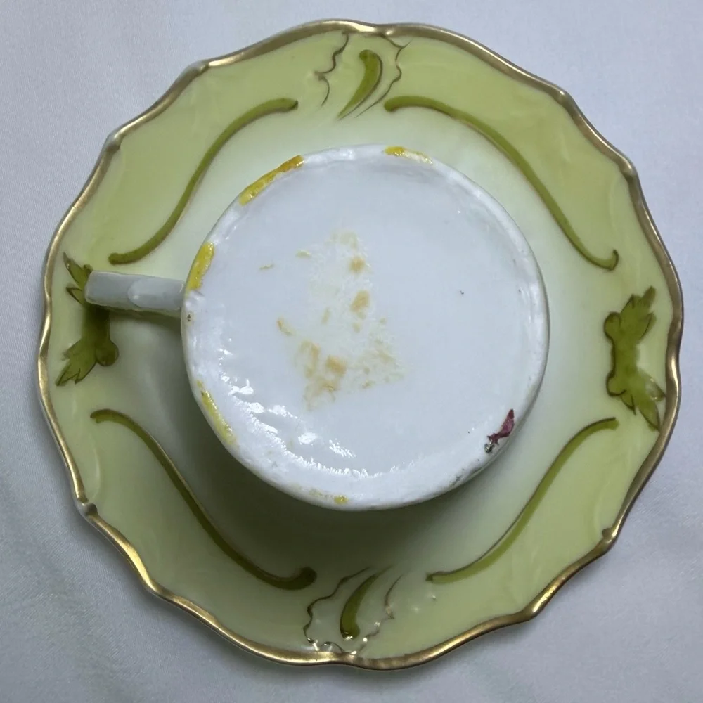 Antique Porcelain Prussia Style Hand-Painted Yellow & Green Rose Teacup & Saucer
